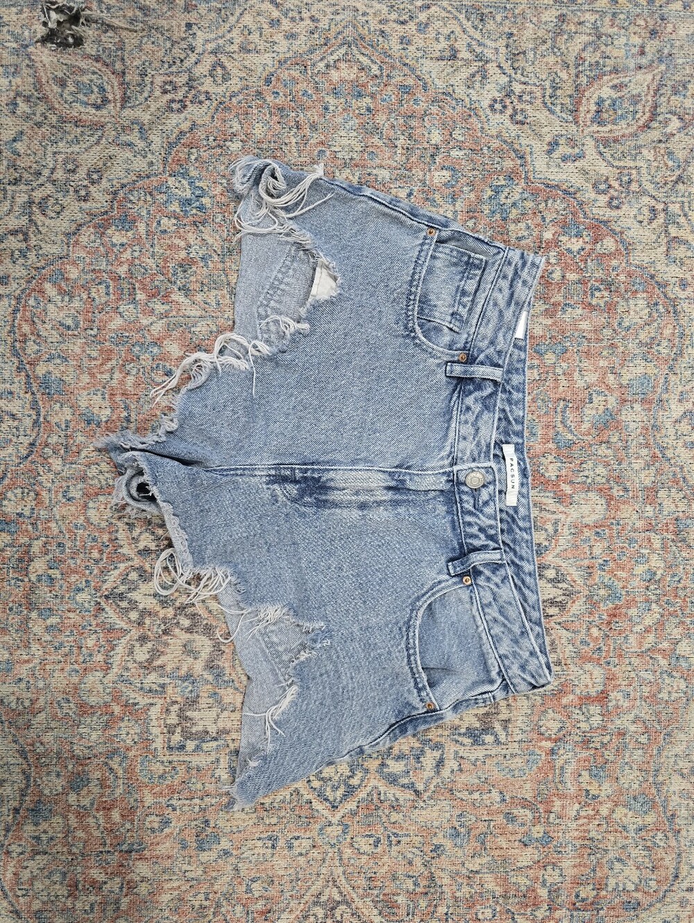 Pacsun High Rise Festival Denim Shorts Sz 30 Light Wash Frayed Hem